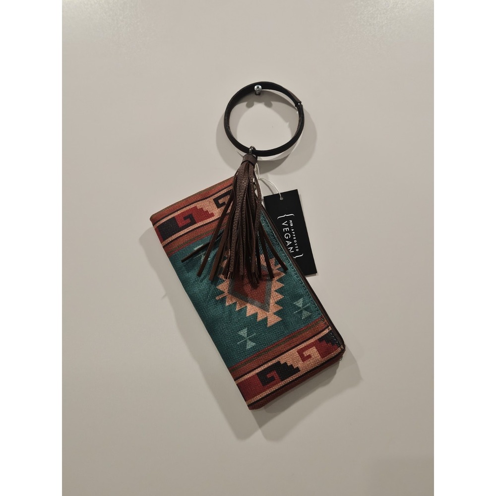 Southwestern Vegan Leather Wristlet Wallet Bangle Keyring Tassel PETA Approved